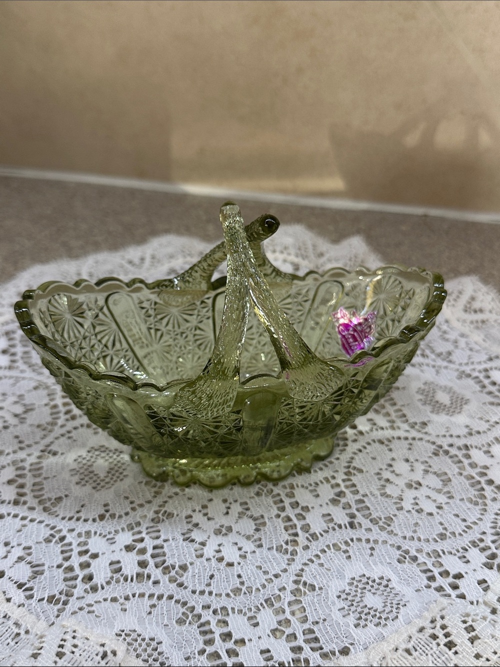 Vintage 1970s Fenton Green Uranium Glass Daisy Button Basket Twig Handle 4" Tall